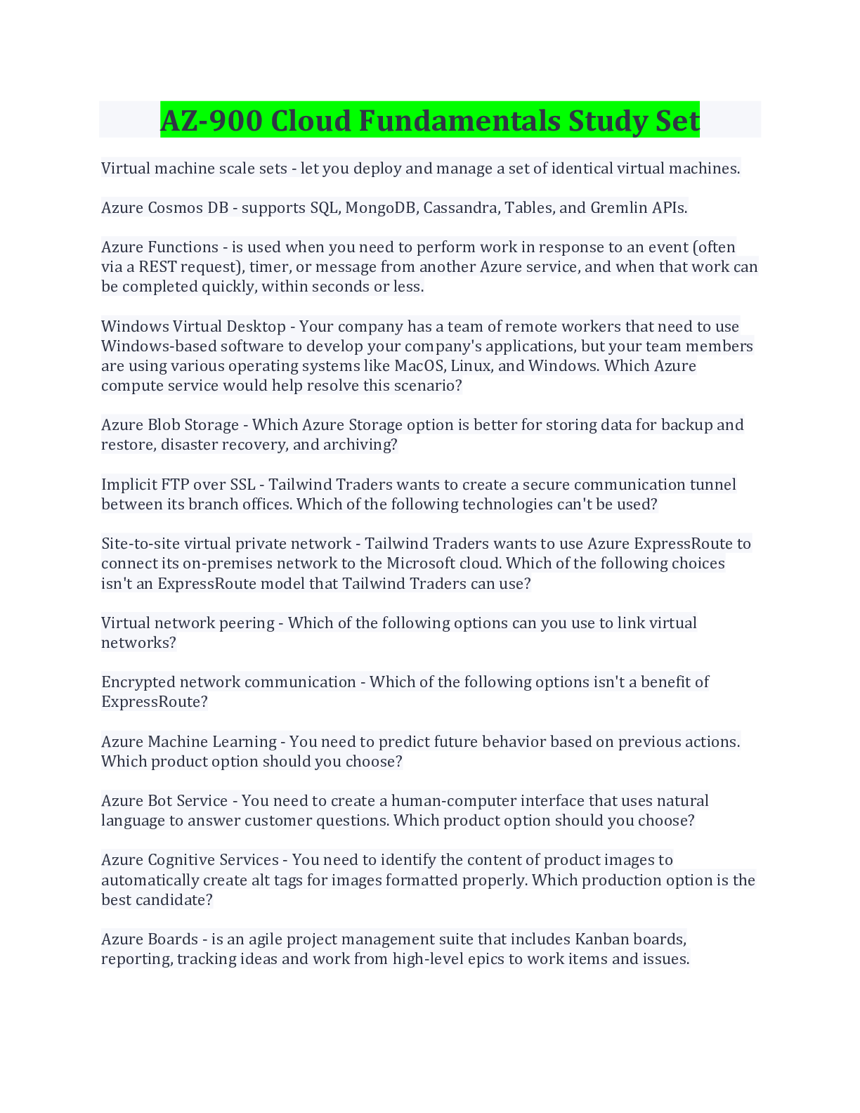 Preview image for AZ-900 Cloud Fundamentals Study Set Questions And Answers